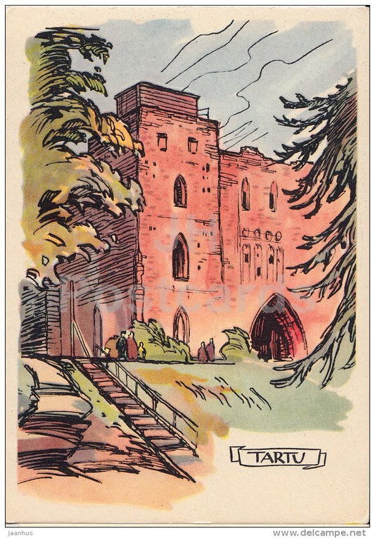 illustration by A. Kütt - Cathedral Ruins - Tartu - 1960 - Estonia USSR - unused - JH Postcards