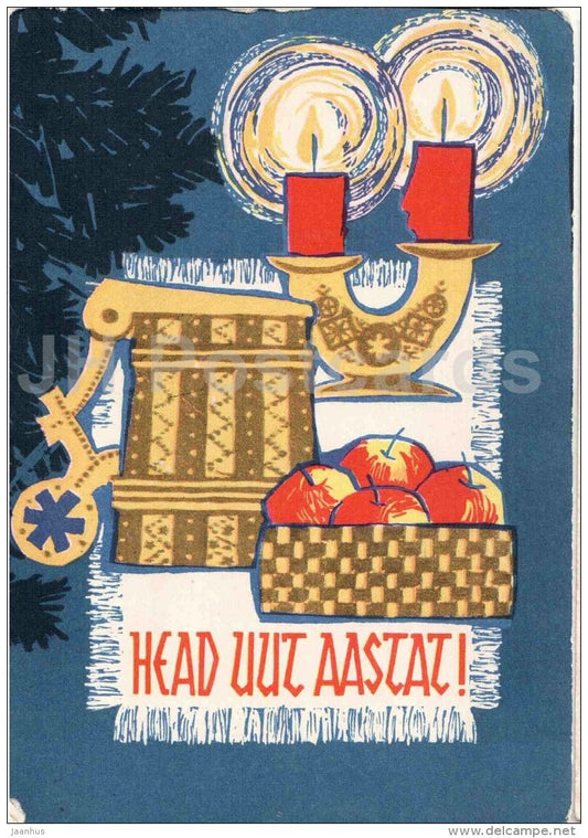 New Year greeting Card by D. Paalamäe - candles - beer mug - apples - 1965 - Estonia USSR - used - JH Postcards