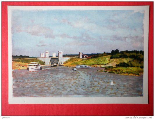 illustration by K. Dzhakov - 6th Sluice - ship - Volga & Baltic Waterway - canal - 1966 - Russia USSR - unused - JH Postcards
