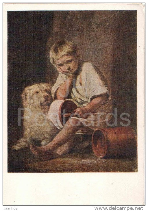 painting by A. Venetsianov - 1 - Sad Boy - dog - russian art  - unused - JH Postcards