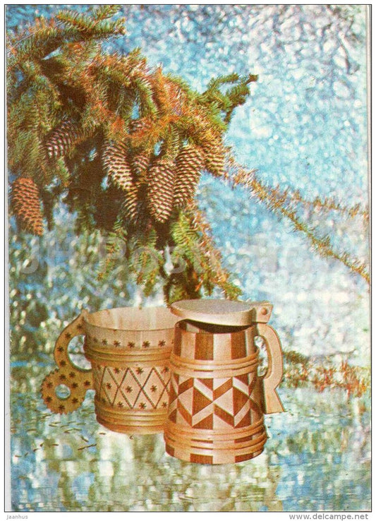 New Year greeting card - beer mug - fir cones - 1980 - Estonia USSR - used - JH Postcards