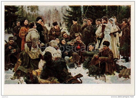 painting by Y. Neprintsev - 2 - Rest after Battle , 1951 - soldiers - PPSH - automatic gun - russian art - unused - JH Postcards
