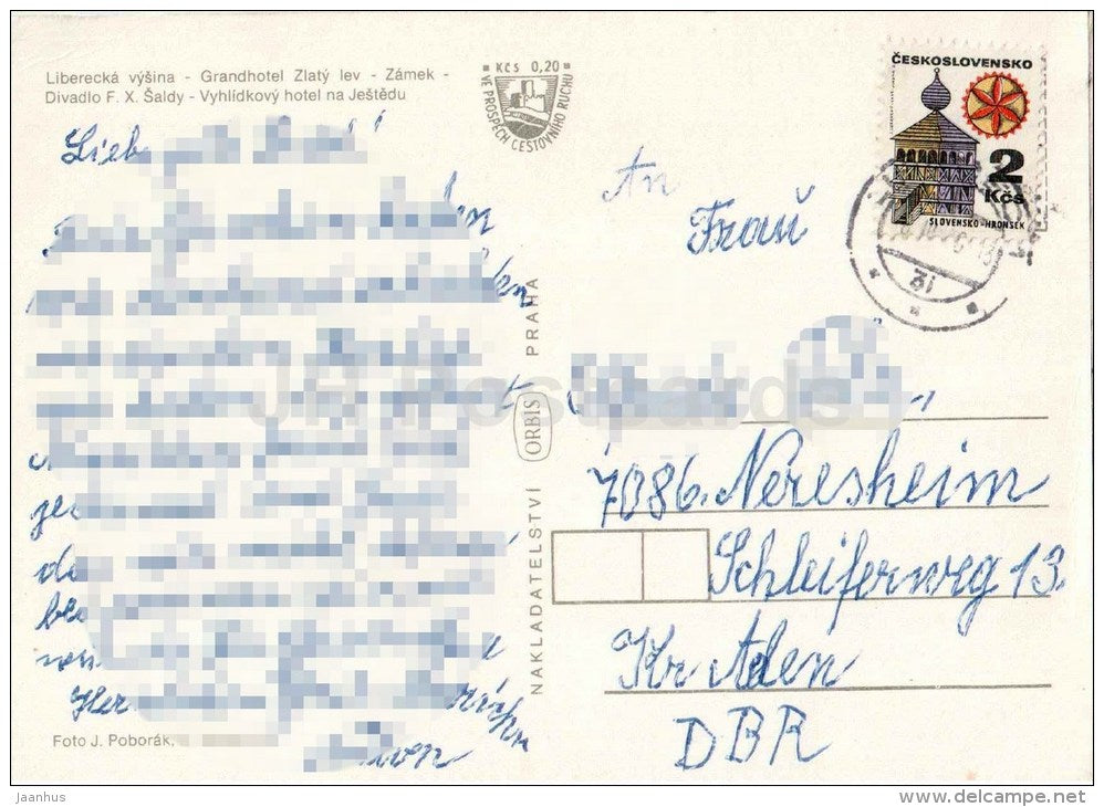 Liberec heights - hotel Golden Lion - castle - Šaldy theatre - Liberec - Czechoslovakia - Czech - used 1976 - JH Postcards