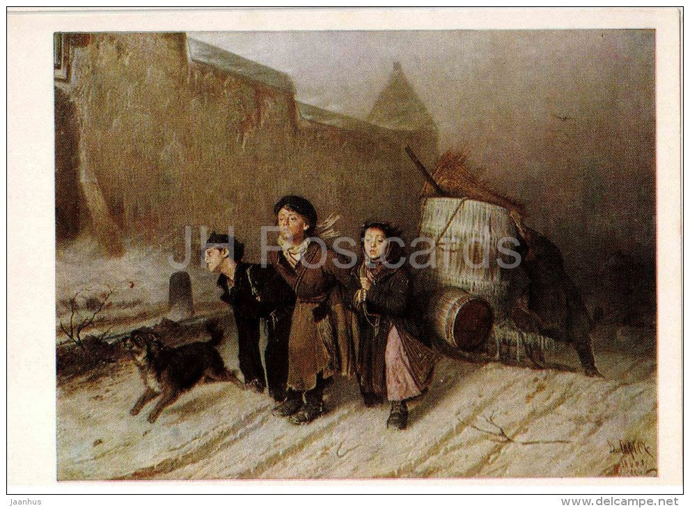 painting by V. Perov - Carrying Water , Troika , 1866 - dog - children - sledge - russian art - unused - JH Postcards