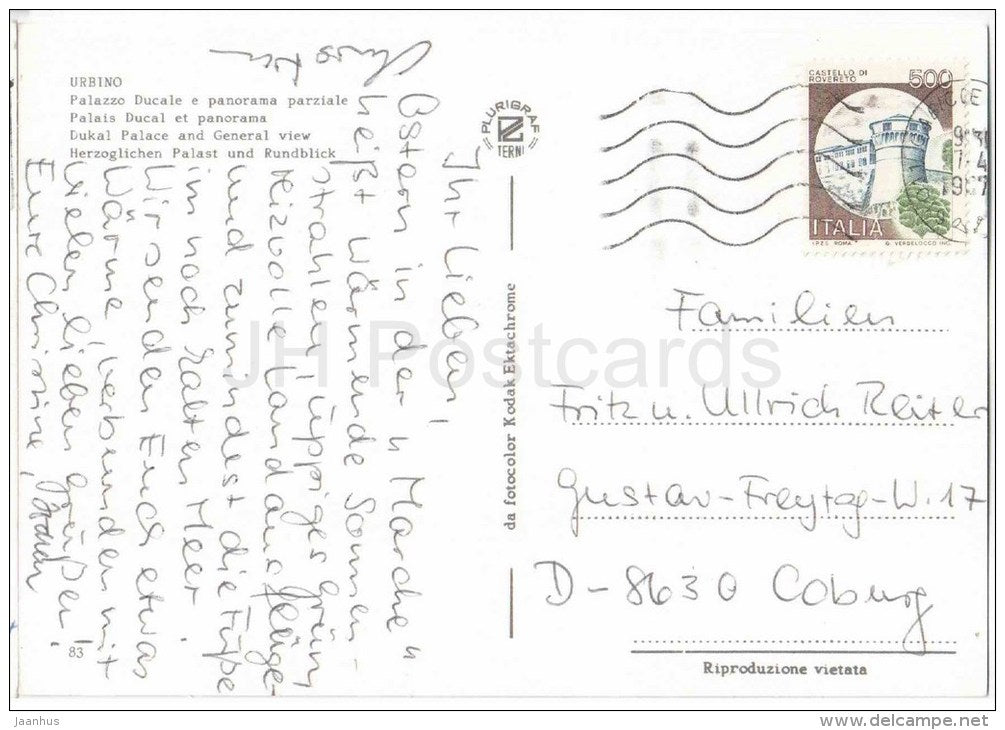 Palazzo Ducale e panorama parziale - Ducal Palace - Urbino - Marche - Italia - Italy - sent from Italy to Germany - JH Postcards