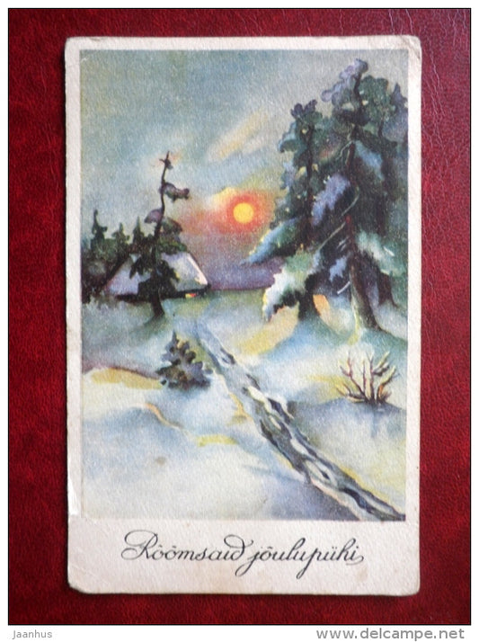 Christmas Greeting Card - winter forest - road - sunset - IL - circulated in 1937 - Estonia - used - JH Postcards