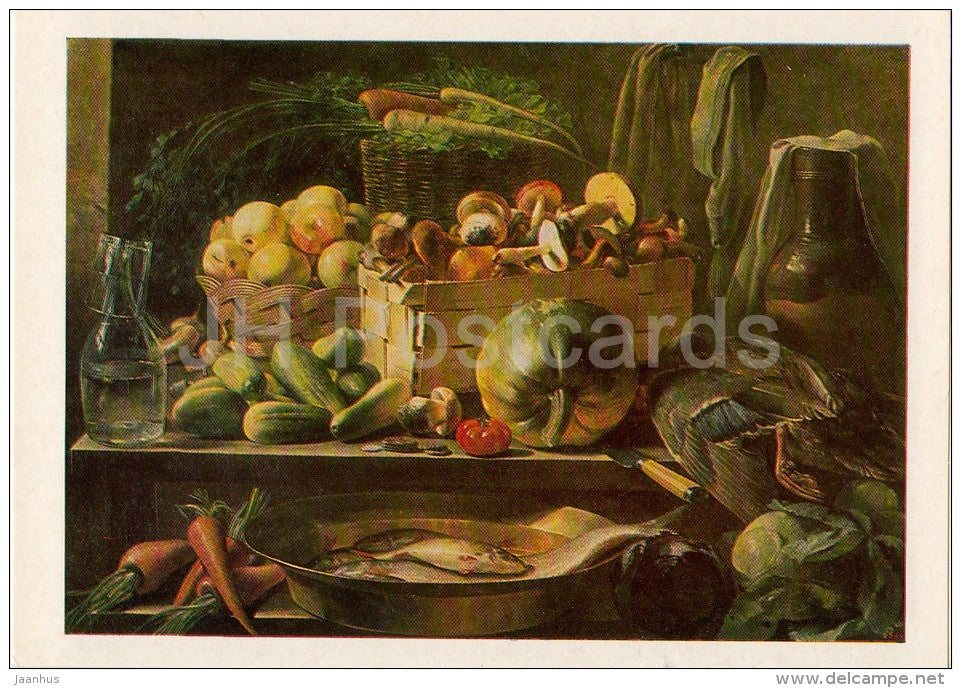 painting by I. Khrutsky - Still Life , 1839 - fish - pumpkin - cucumber - Russian art - Russia USSR - 1983 - unused - JH Postcards