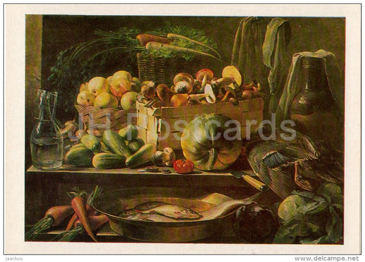 painting by I. Khrutsky - Still Life , 1839 - fish - pumpkin - cucumber - Russian art - Russia USSR - 1983 - unused - JH Postcards