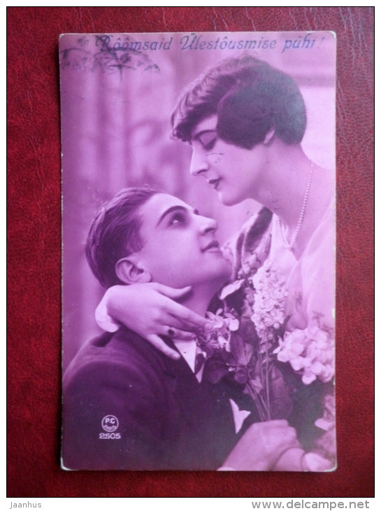 Easter Greeting Card - man and woman - flowers - PC Paris 2505 - circulated in Estonia 1928 , Tallinn - France - used - JH Postcards