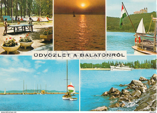Greetings from the lake Balaton - sailing boat - table tennis - multiview - 1975 - Hungary - used - JH Postcards