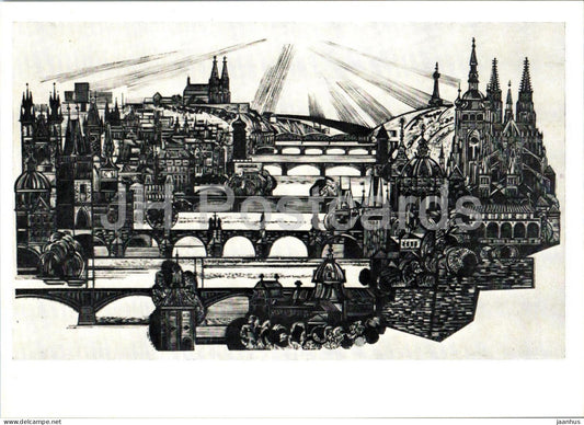 painting by Jaroslav Lukavsky - Panorama of Prague - Czech art - 1977 - Russia USSR - unused - JH Postcards