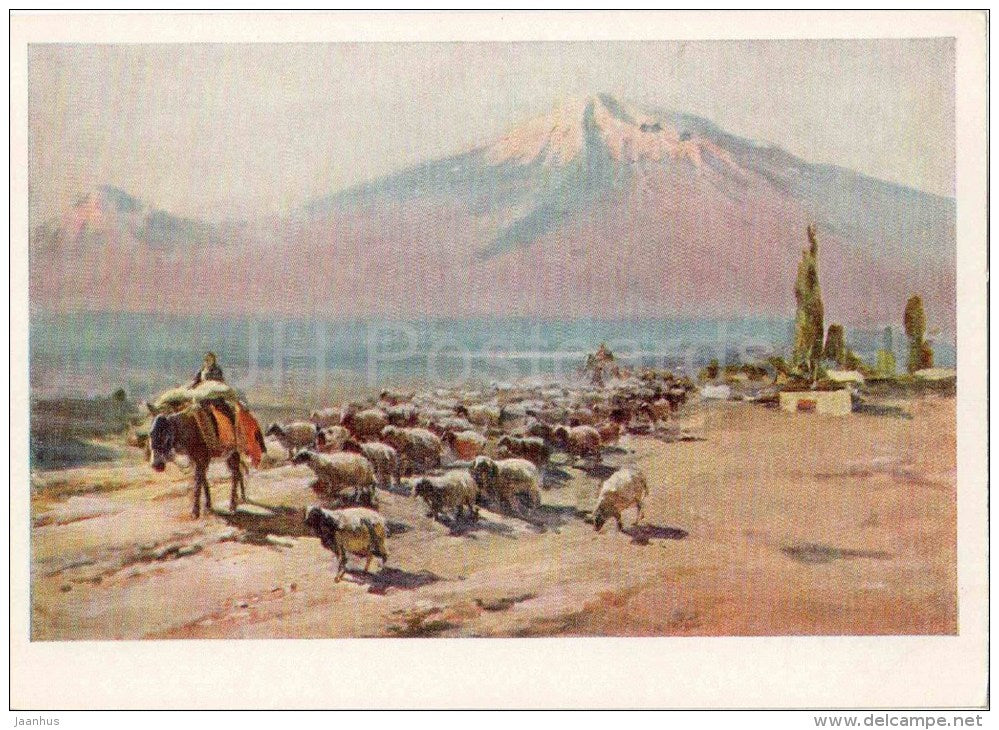 Painting by D. Nalbandyan - Road to Dvin - donkey - mountains - shepherd - sheep - armenian art - unused - JH Postcards