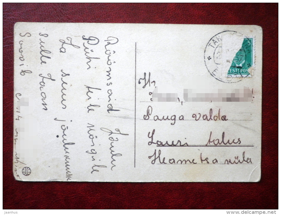 Christmas Greeting Card - winter forest - road - sunset - IL - circulated in 1937 - Estonia - used - JH Postcards