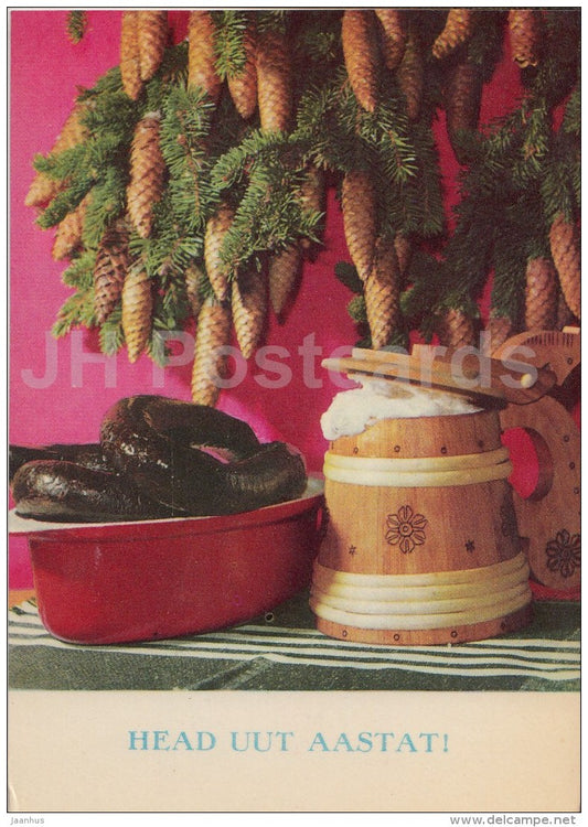 New Year Greeting Card - beer mug - blood pudding - fir cones - 1970 - Estonia USSR - used - JH Postcards