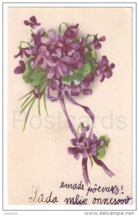 Greeting Card - Hepatica - flowers - old postcard - circulated in Estonia - JH Postcards