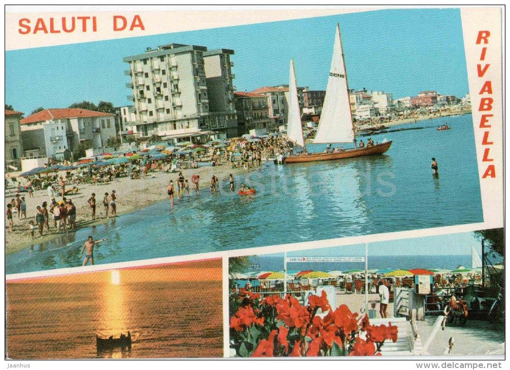 SALUTI DA RIVABELLA - beach - sailing boat - RIMINI - Emilia-Romagna - Italia - Italy - sent from Italy to Germany - JH Postcards