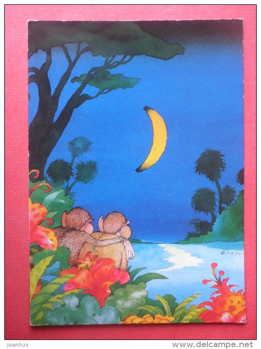 illustration by Napo - monkey - banana - moon - Finland - sent from Finland to Estonia USSR 1985 - JH Postcards