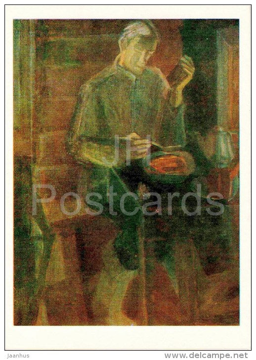 painting by N. Andronov - Nikolay Mikhailovich at the Table , 1965-76 - man eating soup - russian art - unused - JH Postcards
