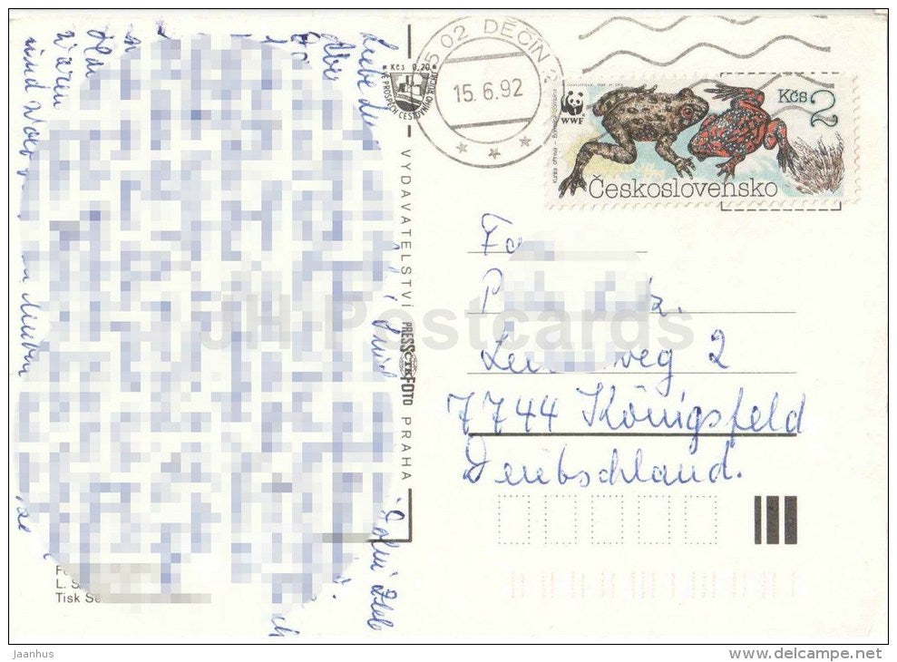 Decin - town views - frogs stamp - Czechoslovakia - Czech - used 1992 - JH Postcards