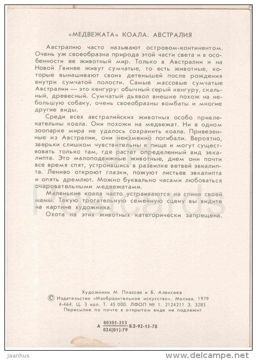 paintings by Plakhov and Alekseyev - Koala Bear . Australia - Pacific - 1979 - Russia USSR - unused - JH Postcards