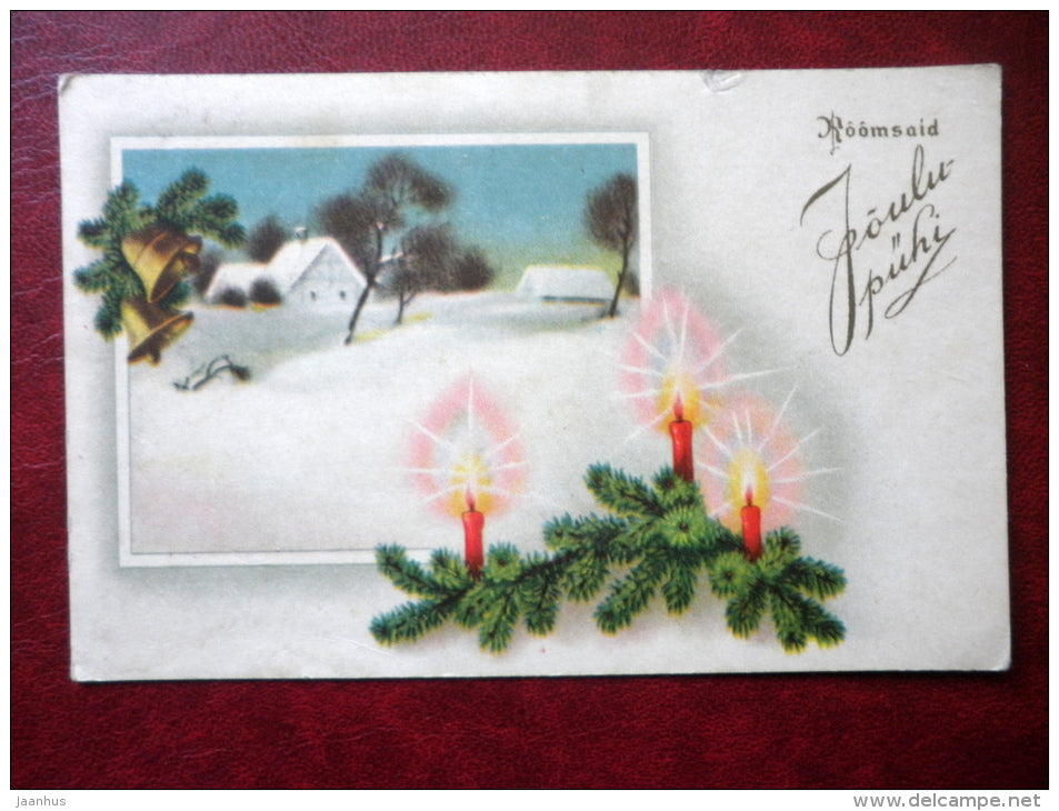 Christmas Greeting Card - candles - bells - house - circulated in Estonia 1938 , Tallinn - used - JH Postcards