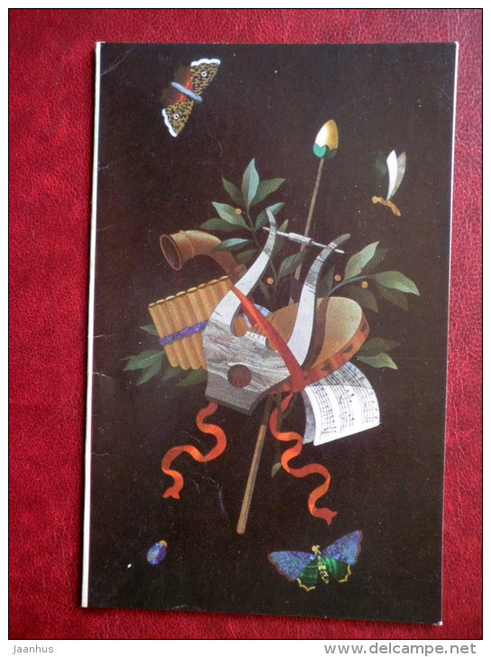 Greeting Card - Table-top , Flowers, Butterflies and Musical Instruments , Florence - 1972 - Russia USSR - used - JH Postcards