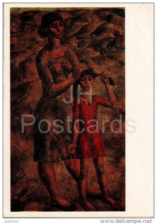 painting by T. Mirzashvili - Sisters in the Morning , 1967 - georgian art - unused - JH Postcards