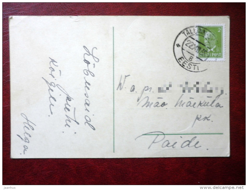 Christmas Greeting Card - candles - bells - house - circulated in Estonia 1938 , Tallinn - used - JH Postcards