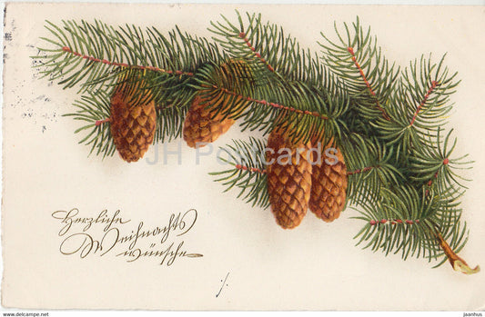 Christmas Greeting Card - Herzliche Weihnachtswunsche - fir cones - Cellaro - old postcard - 1932 - Germany - used - JH Postcards