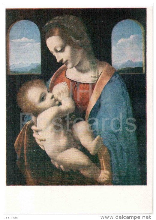 painting by Leonardo da Vinci - 2 - The Litta Madonna , 1470s - woman and child - italian art - unused - JH Postcards