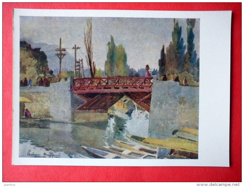painting by Biren De - Bridge in Srinagar - contemporary art - art of india - unused - JH Postcards