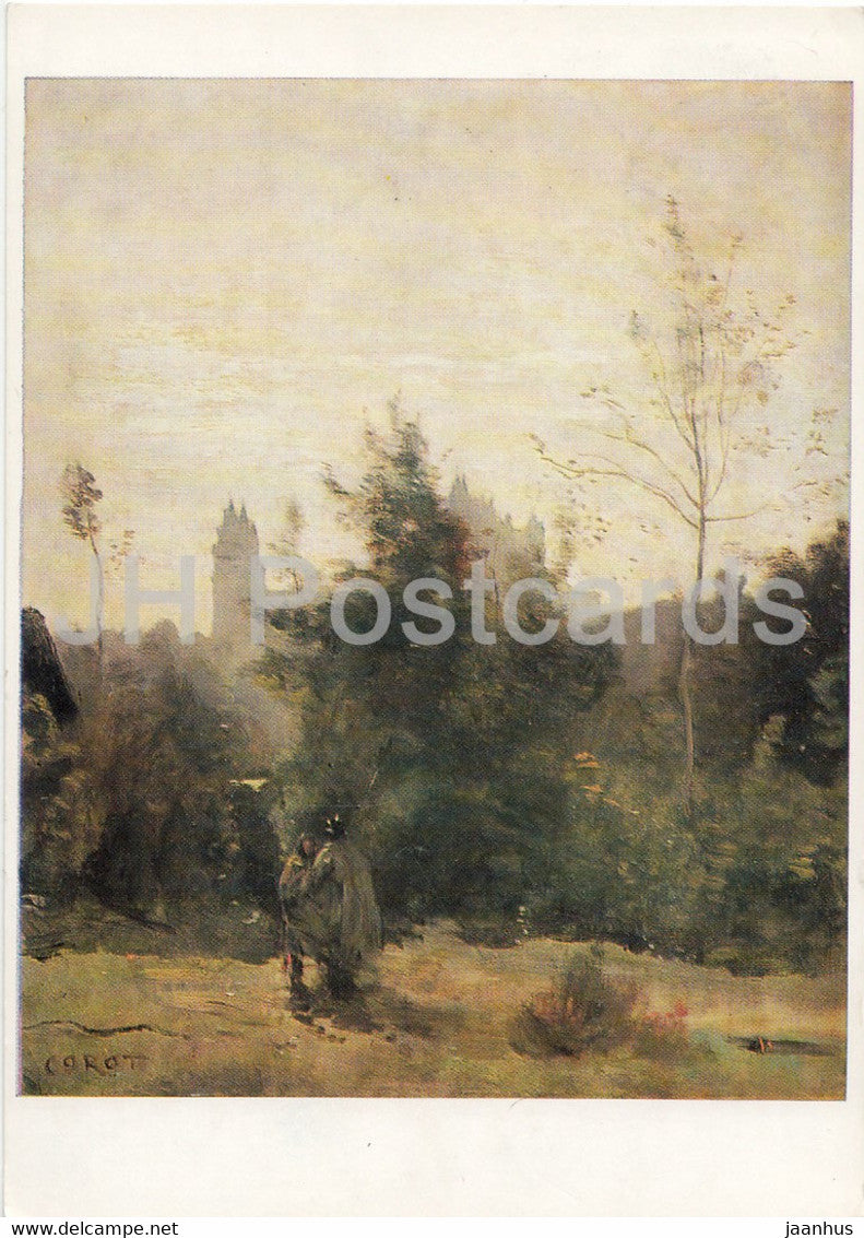 painting by Jean Baptiste Camille Corot - Schloss Pierrefonds - French art - Germany DDR - used - JH Postcards