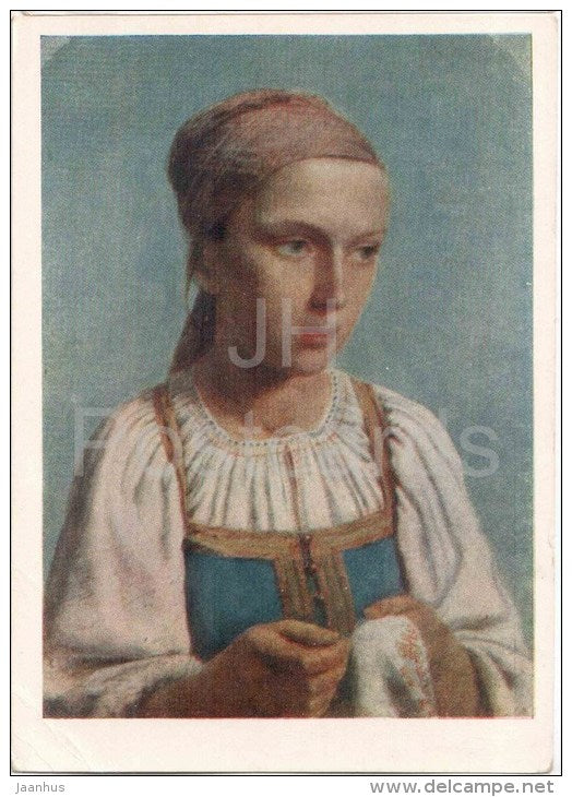painting by A. Venetsianov - Peasant girl embroidering - soldier - russian art  - unused - JH Postcards