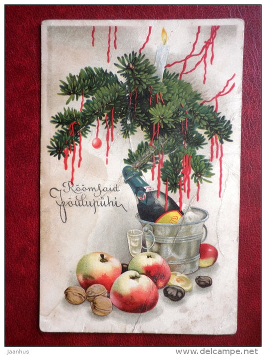 Christmas Greeting Card - apples - champagne - nuts - decorations - 1920s-1930s - Estonia - used - JH Postcards