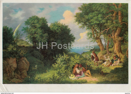 painting by Ludwig Richter - Junilandschaft mit Regenbogen - 897 - 1 - German art - Germany DDR - unused - JH Postcards