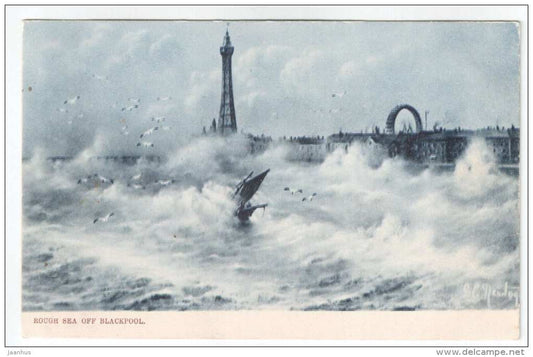 Rough Sea off Blackpool - sailing boat - England - UK - old postcard - unused - JH Postcards