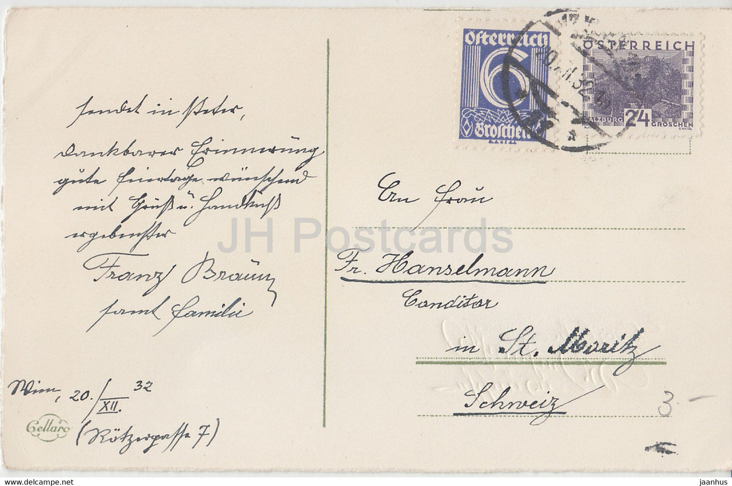 Weihnachtsgrußkarte - Herzliche Weihnachtswünsche - Tannenzapfen - Cellaro - alte Postkarte - 1932 - Deutschland - gebraucht