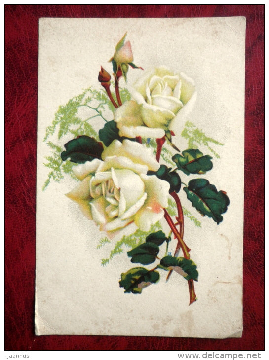 Birthday greeting card - white roses - Estonia USSR - 1953 - used - JH Postcards