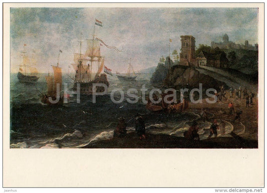 painting by Adam Willaerts - Fish Market on the Seashore , 1634 - sailing ship - Dutch art - 1980 - Russia USSR - unused - JH Postcards