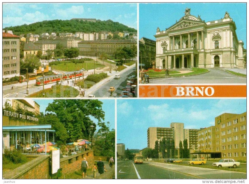 Brno - Mendlovo square - tram - bus - Mahenovo Theatre - Interhotel Voronez - Czechoslovakia - Czech - used 1986 - JH Postcards