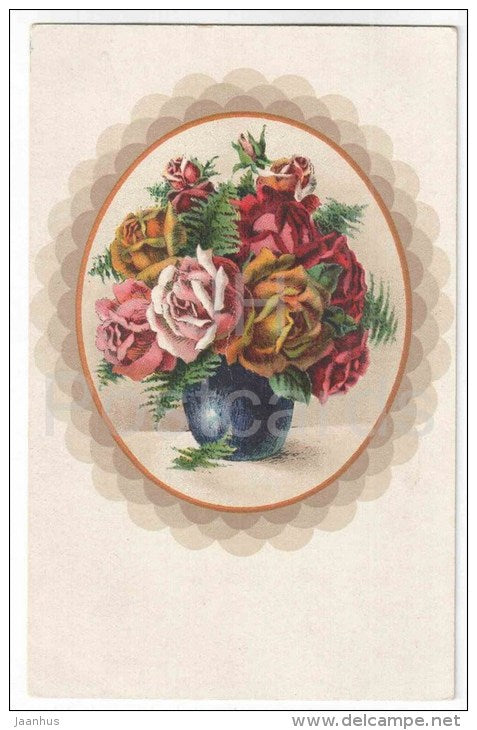 Greeting Card - Roses in the Vase - flowers - 1604 Wenau Delila - old postcard - circulated in Estonia 1923 - JH Postcards