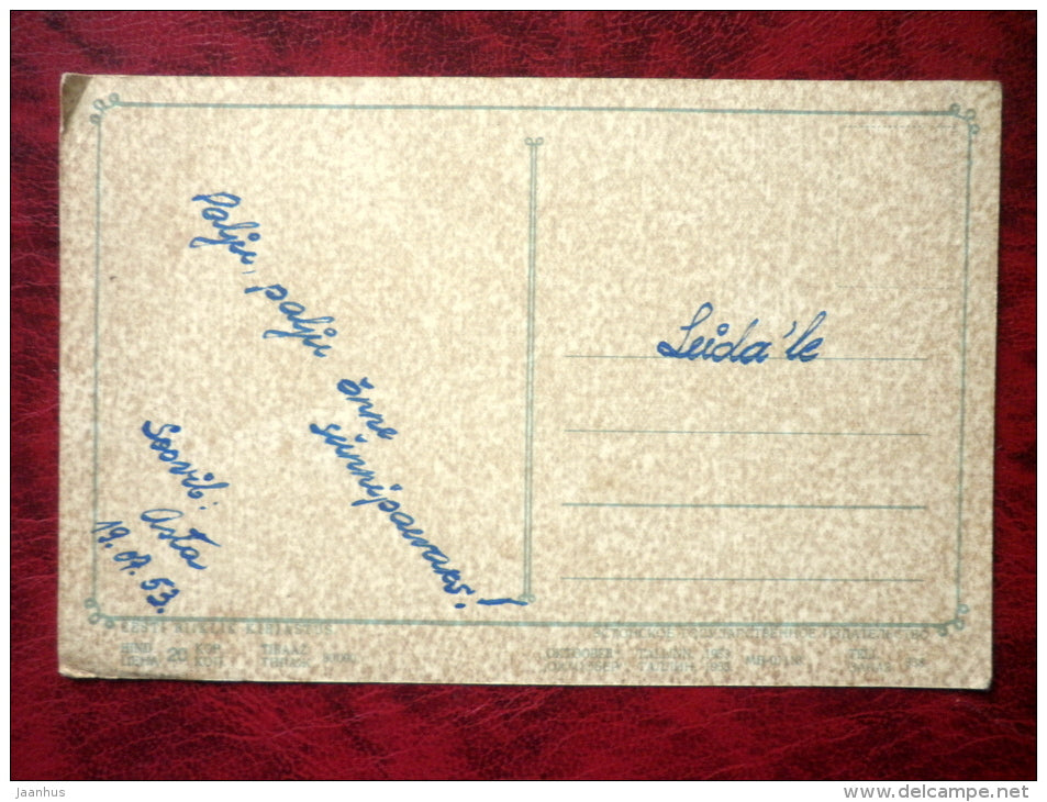 Birthday greeting card - white roses - Estonia USSR - 1953 - used - JH Postcards