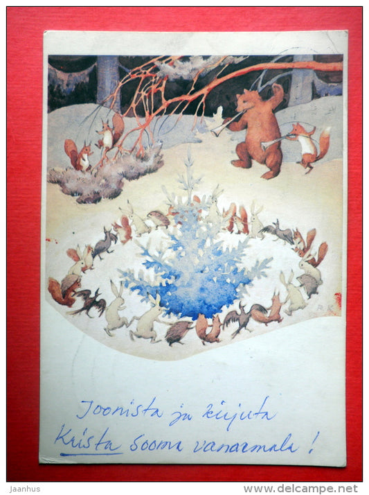 Christmas Greeting Card by Rudolf Koivu - bear - squirrel - fox - hare - Finland - sent from Finland to Estonia 1983 - JH Postcards