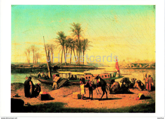 painting by Prosper Marilhat - Bank of the Nile - camel - animals - boat - French art - 1983 - Russia USSR - unused - JH Postcards