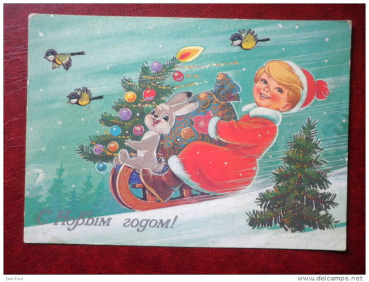 New Year greeting card - by V. Zarubin - boy - hare - sledge - birds - 1985 - Russia USSR - used - JH Postcards