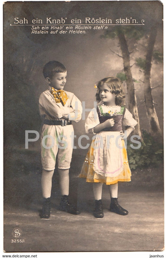 Sah ein Knab ein Roslein steh'n - boy and girl - folk costumes - 3255/1 - old postcard - 1913 - Germany - used - JH Postcards