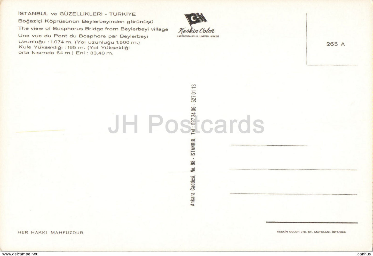 Istanbul - The view of Bosphorus Bridge from Beylerbey village - 265 A - Keskin Color - Turkey - unused