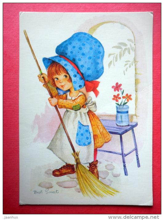 illustration by Best Sweet - girl cleaning - besom - Finland - circulated in Finland - JH Postcards
