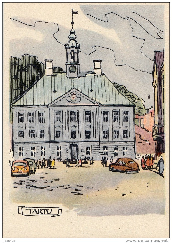 illustration by A. Kütt - Town Hall - Tartu - 1960 - Estonia USSR - unused - JH Postcards