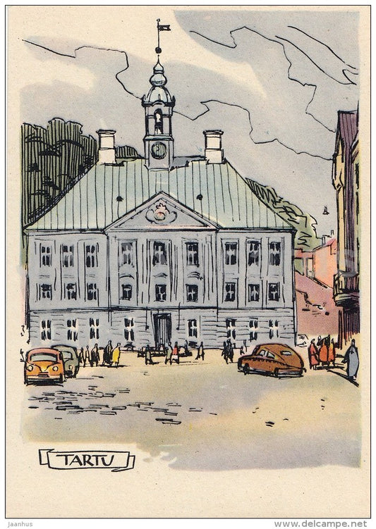 illustration by A. Kütt - Town Hall - Tartu - 1960 - Estonia USSR - unused - JH Postcards